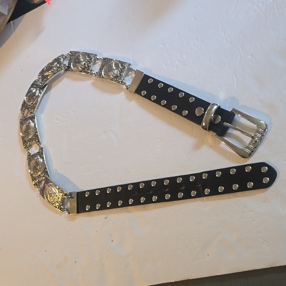 Studded Black & Silver Metal EAGLE Belt Novelty Biker Edgy Mod Sz.Large